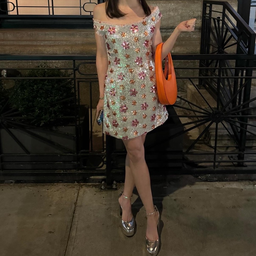 Markarian Paloma Sequin Floral Off The Shoulder Mini Dress | Pink Orange Silver